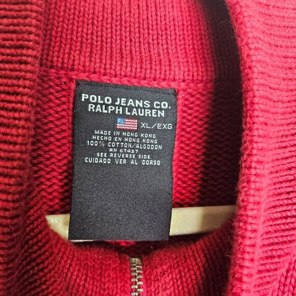 Vtg 90s Polo Ralph Lauren Flag Logo Red Cotton Knit‎ Pullover Sweater Mens Sz XL - Picture 4 of 15
